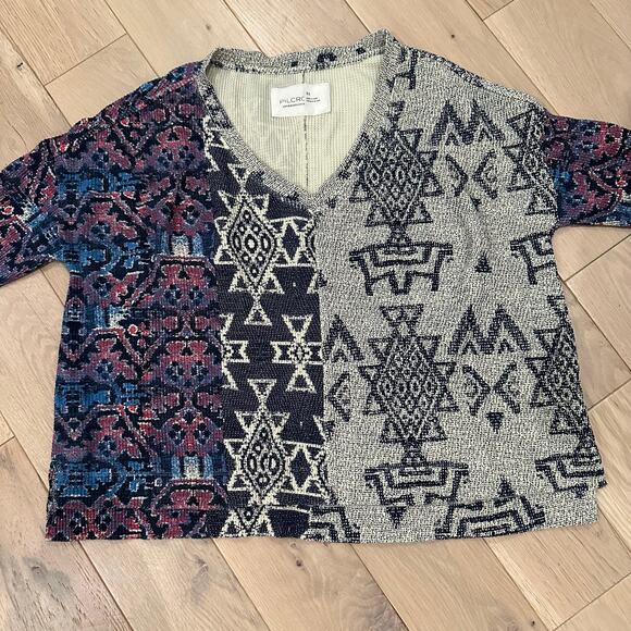 Anthropologie Pilcro Moira Thermal Waffle Knit v-neck Pullover Aztec Tribal XS - Picture 3 of 7